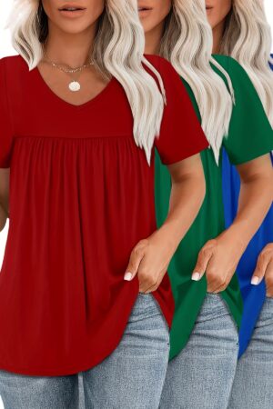 3pcs Women'S Plus Size V-Neck T-Shirts - Elegant Solid Color Short Sleeve Tops with Ruched Bust, Medium Stretch Fabric, Perfect for Springu002FSummeru002FFall