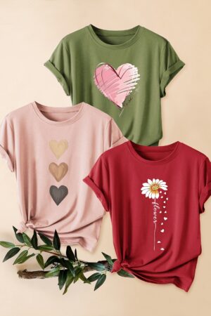 Three-Pack Wild Chrysanthemum Heart Print Fashion Vintage Women's Casual Sporty Round Neck Short Sleeve T-Shirt