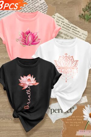 3pcs Women'S Graphic T-Shirts - Vibrant for Lotus & Floral Prints, Short Sleeve Crew Neck, Casual Sporty Tops for Springu002FSummer, Soft Polyester Blend, Sizes