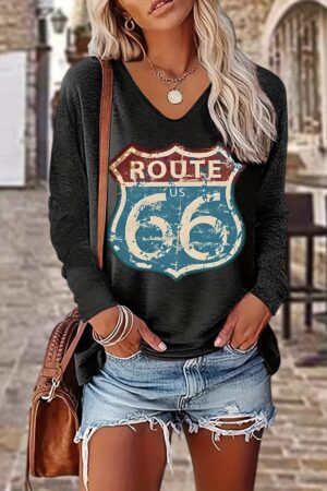 Vintage Pattern Print Women's 100% Fashionable V-neck Long-sleeve T-shirt for Spring, Autumn, and Winter. Casual Vacation Street Style, Breathable, Loose, Soft, and Comfortable Design, Suitable for Outings and Parties. Model: 49-A81-70825
